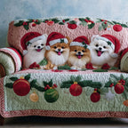 White and Tan Pomeranians in Santa Hats Sofa Cover