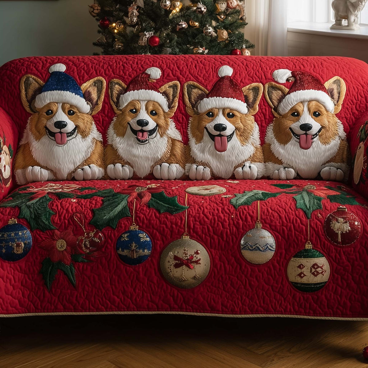 Corgi Pair on Red with Baubles Sofa Cover