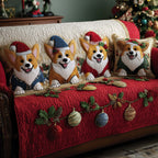 Corgis in Winter Scarves on Red Sofa Cover