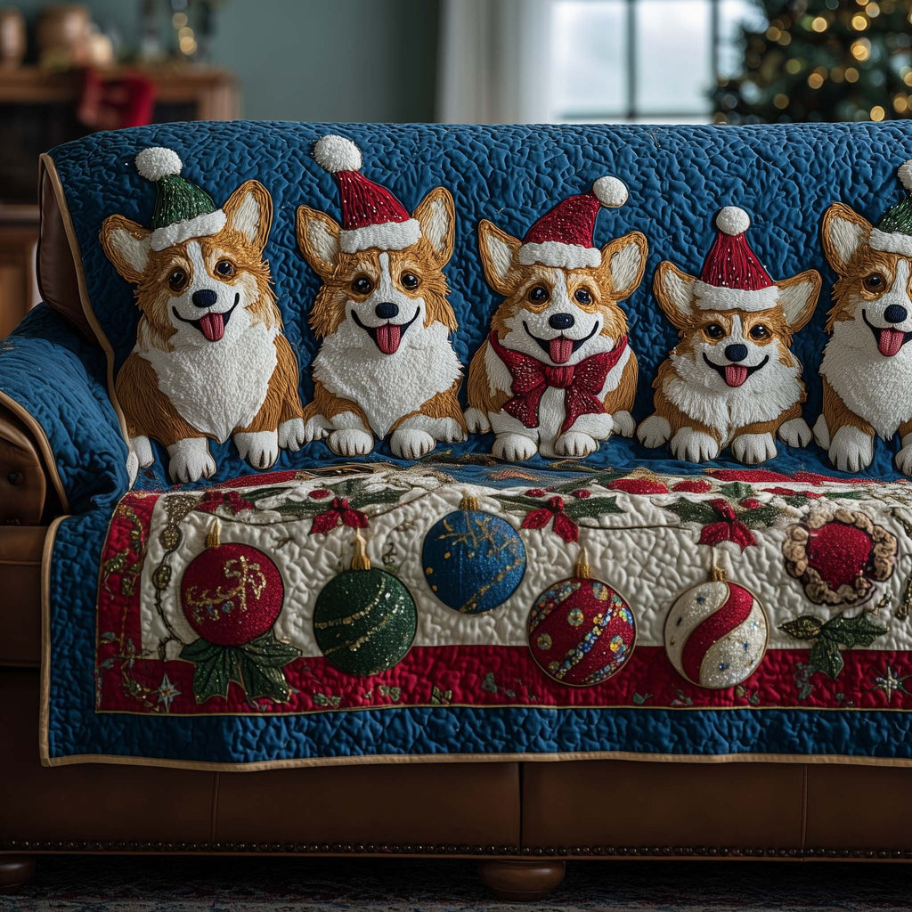 Corgis with Ornament Garland on Blue Sofa Cover
