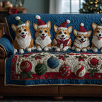 Corgis with Ornament Garland on Blue Sofa Cover