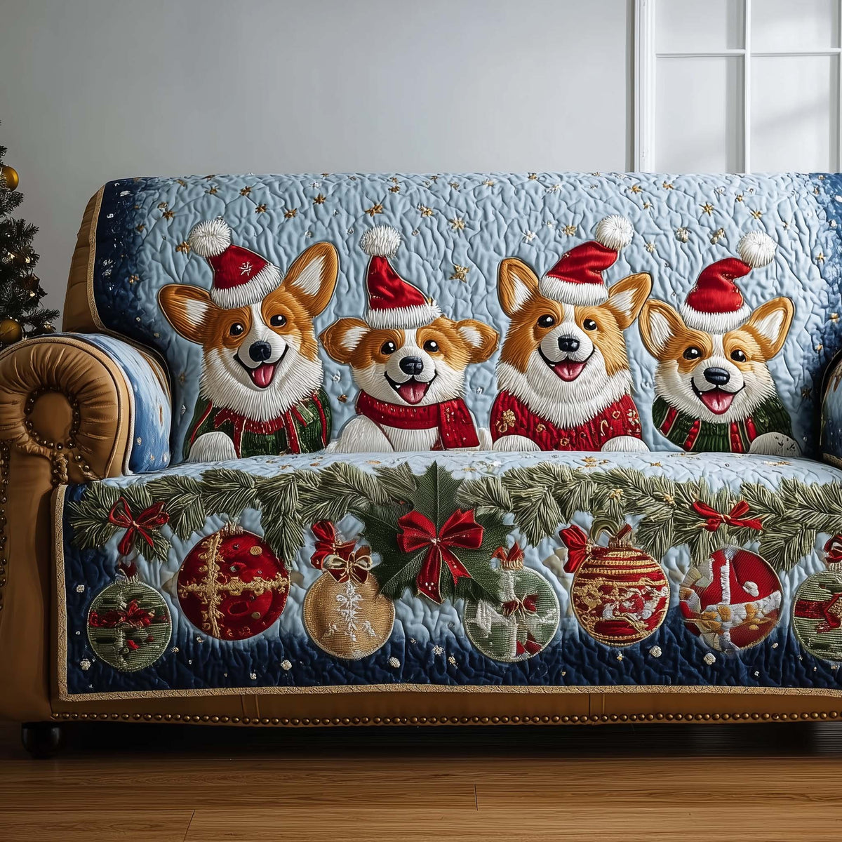 Corgi Family with Ribbons and Bells Sofa Cover