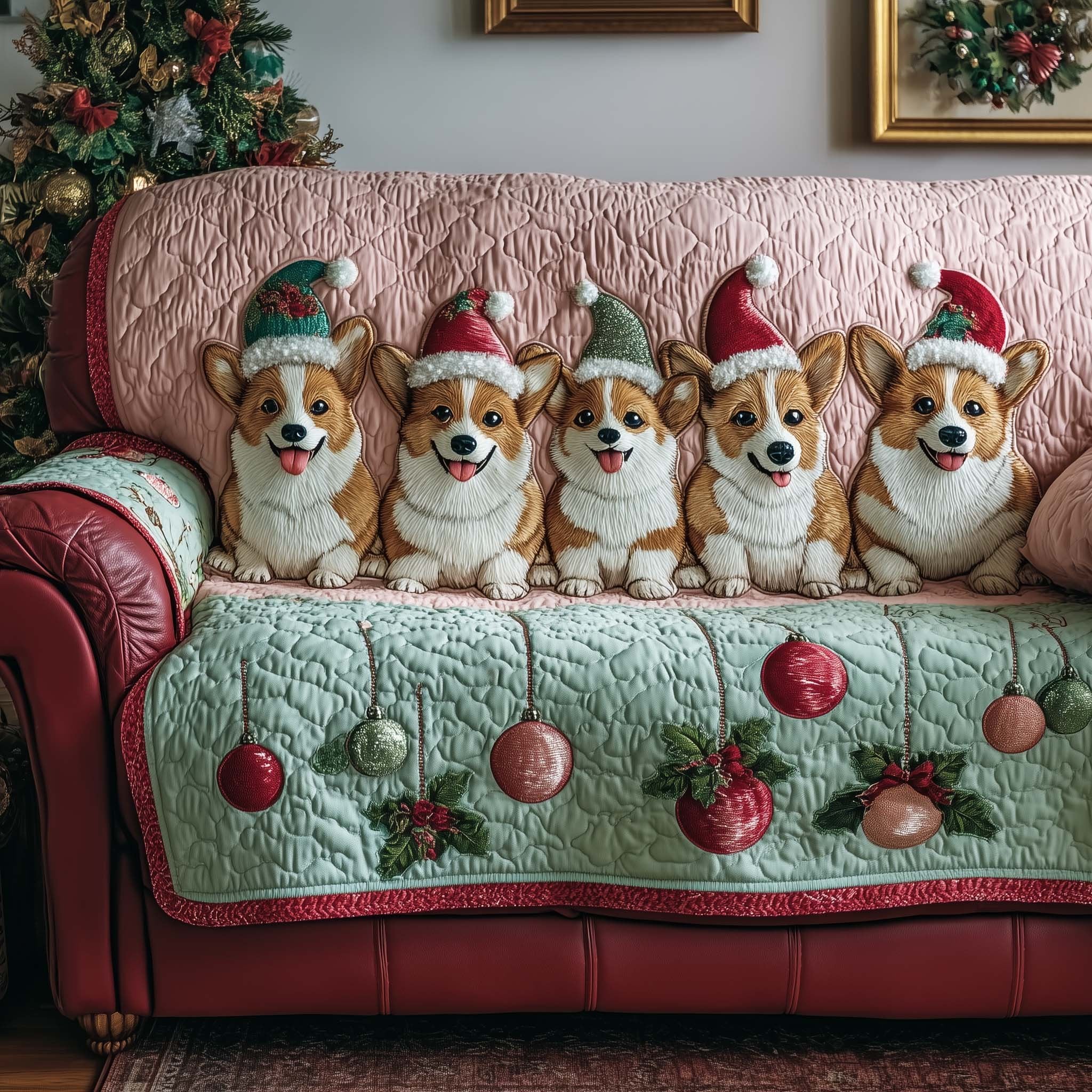 Corgis on Mint Green with Red Baubles Sofa Cover