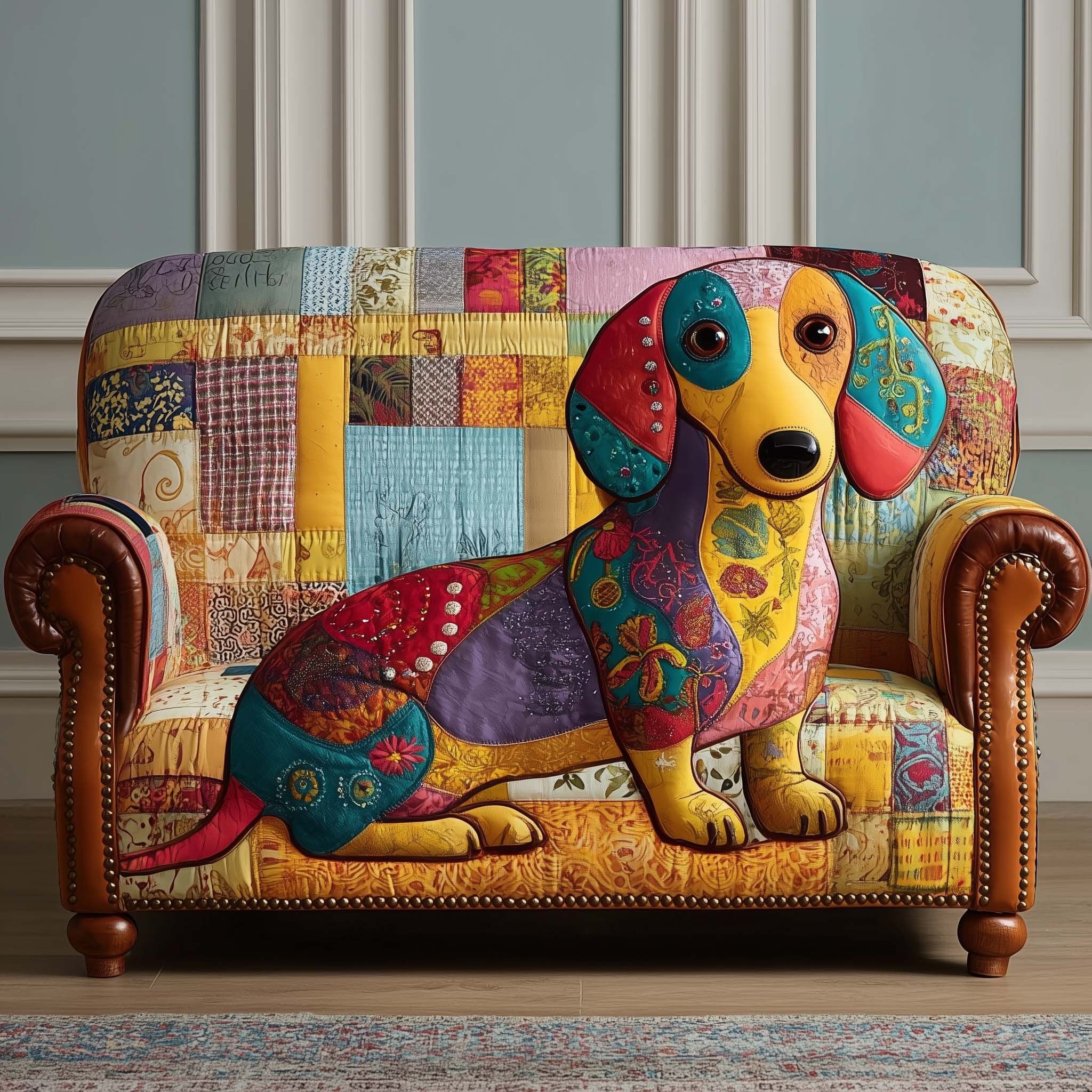 Folk Art Dachshund in Bright Patchwork Sofa Cover