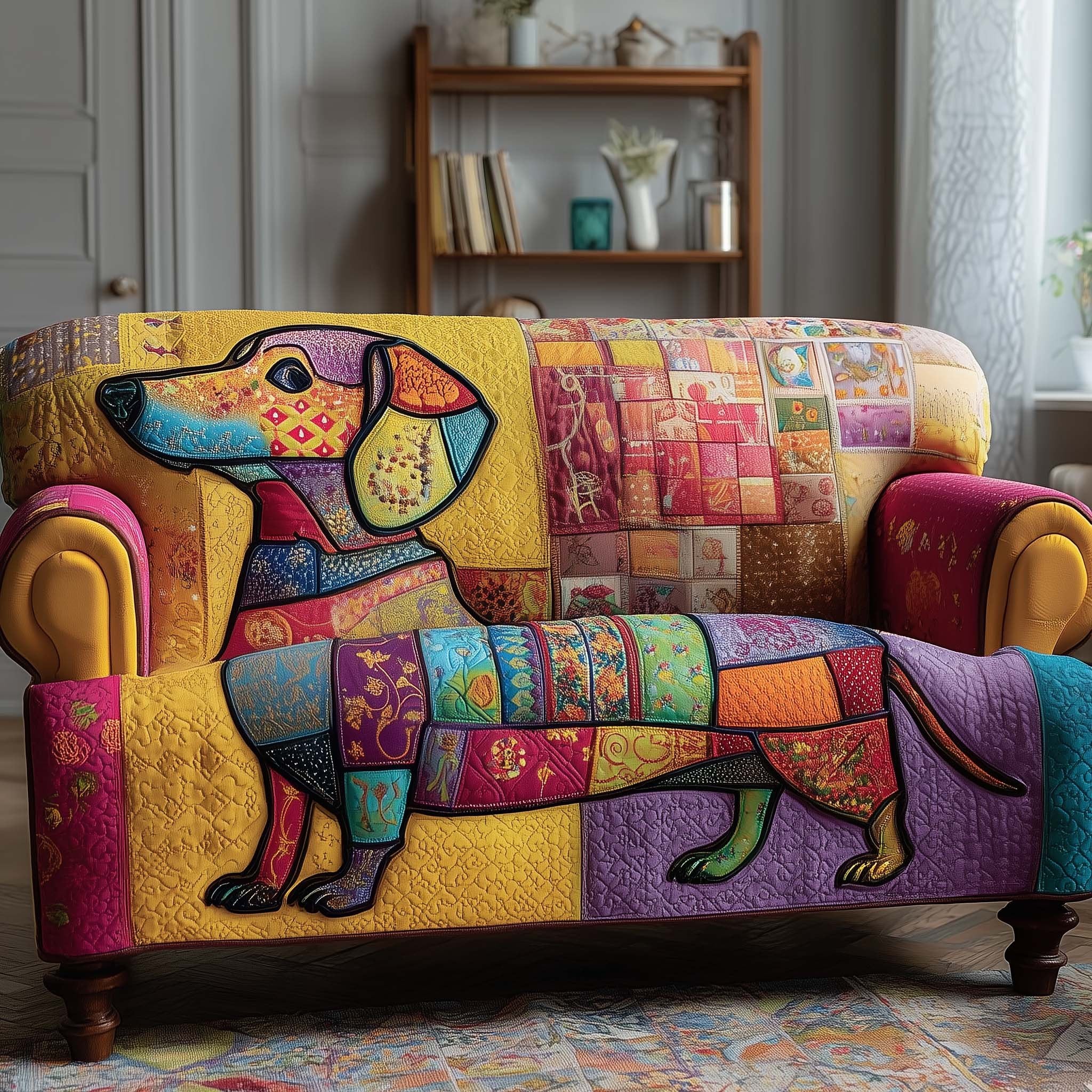 Patchwork Dachshund on Berry Blocks Sofa Cover