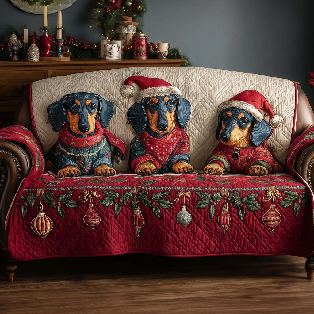 Dachshunds in Red Sweaters on Red Sofa Cover