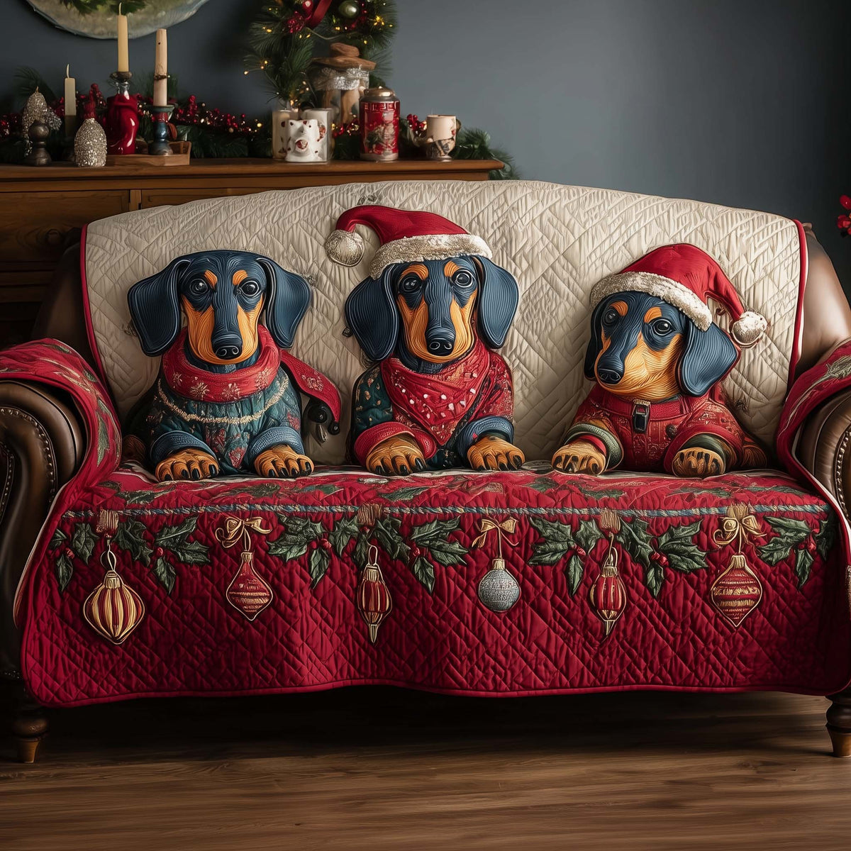 Dachshunds in Red Sweaters on Red Sofa Cover