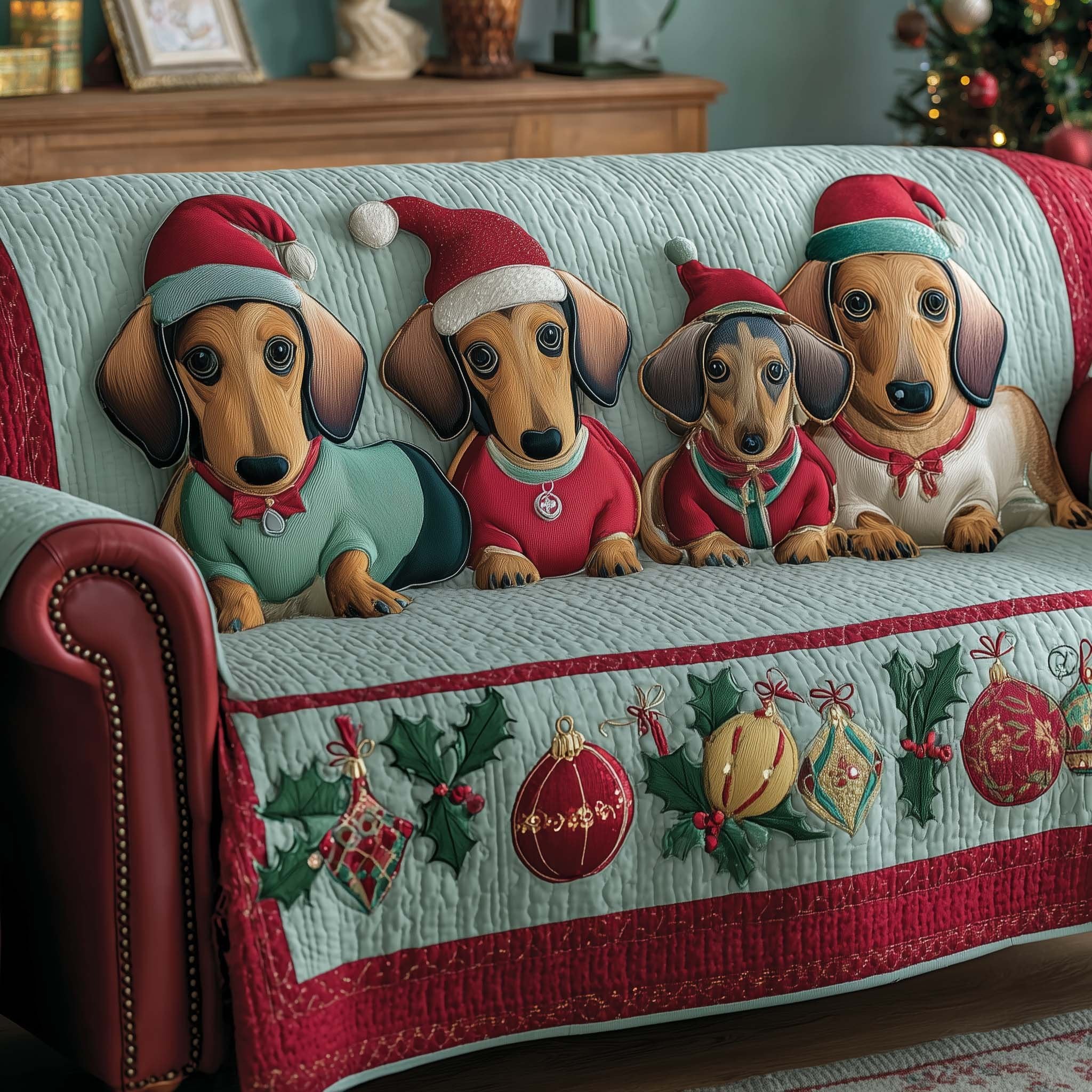 Dachshunds in Mint Sweaters with Holly Sofa Cover