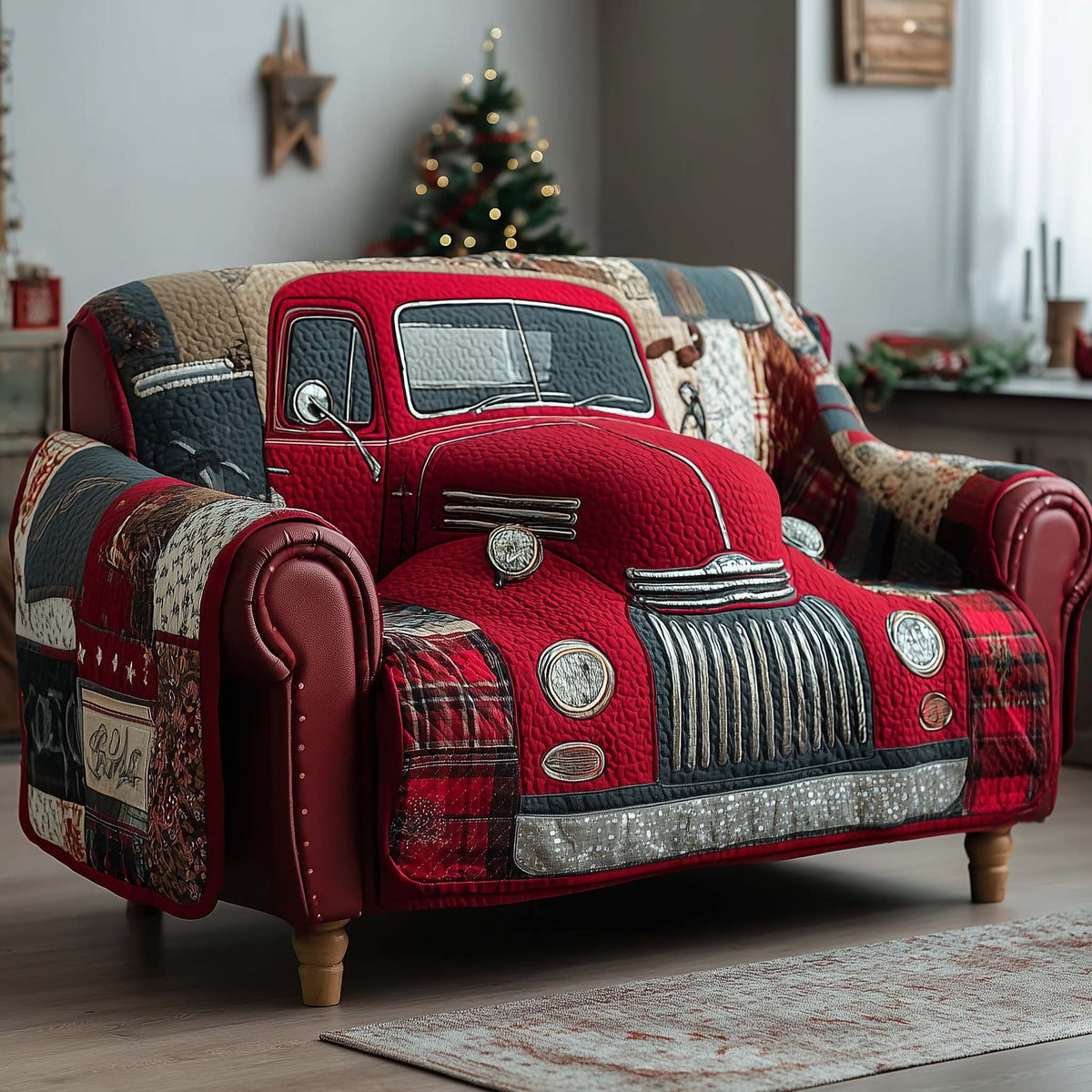 Red Vintage Truck Front Grille Sofa Cover