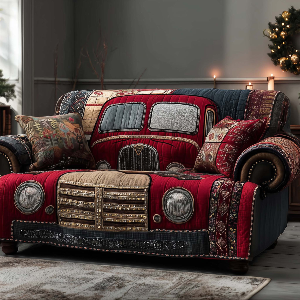 Deep Red Truck on Patchwork Sofa Cover
