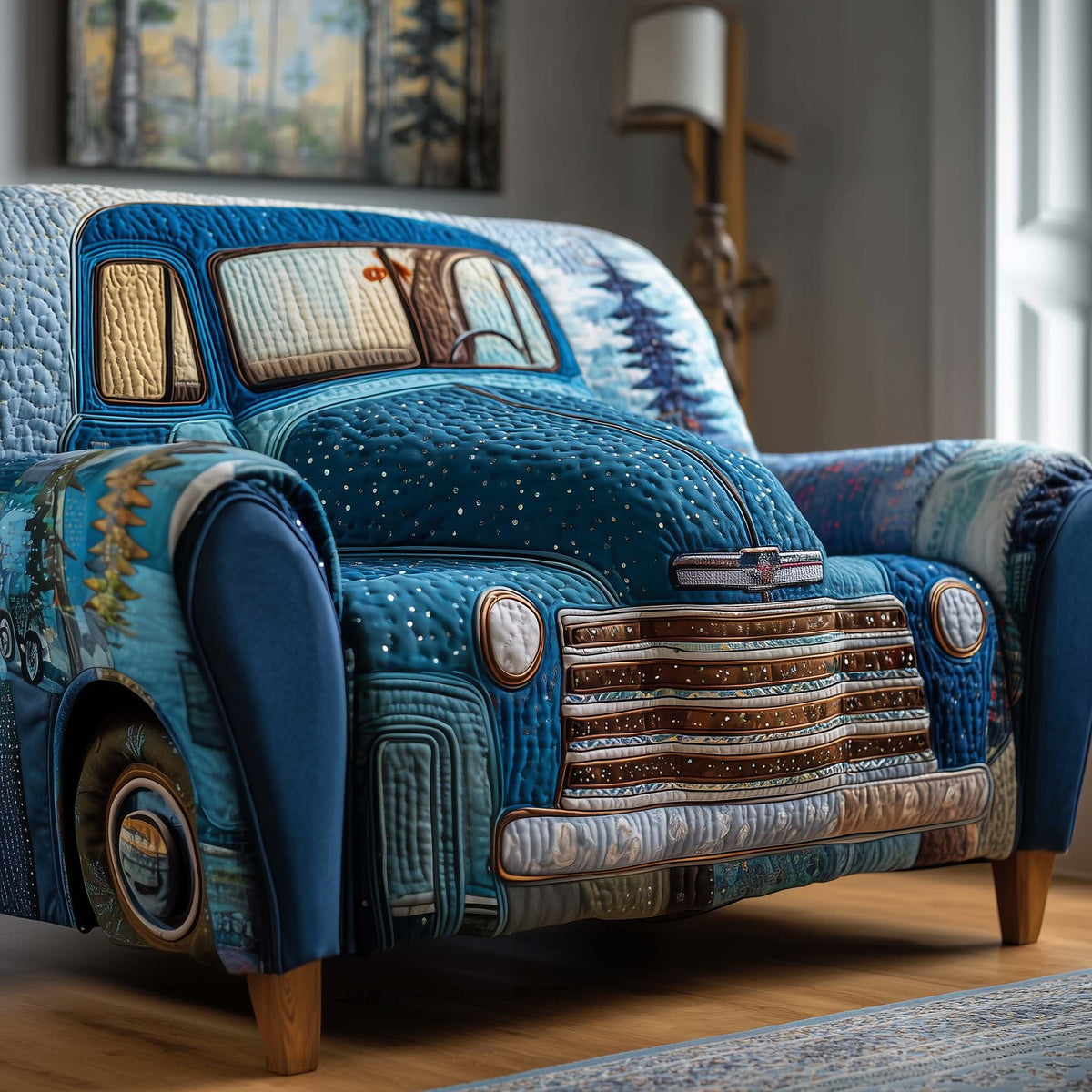 Blue Vintage Truck with Snowy Trees Sofa Cover