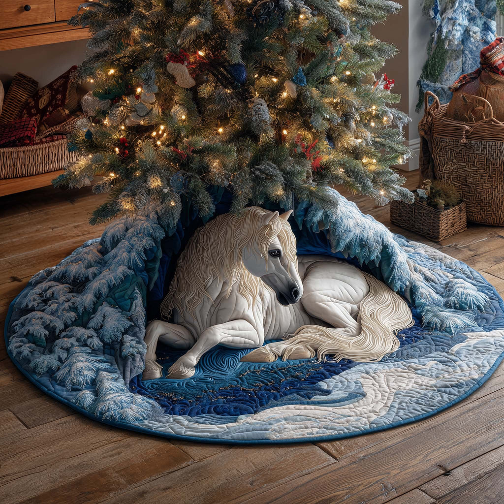 White Horse Sleeping on Blue Christmas Tree Skirt