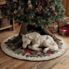 White Horse on Cream with Holly Christmas Tree Skirt