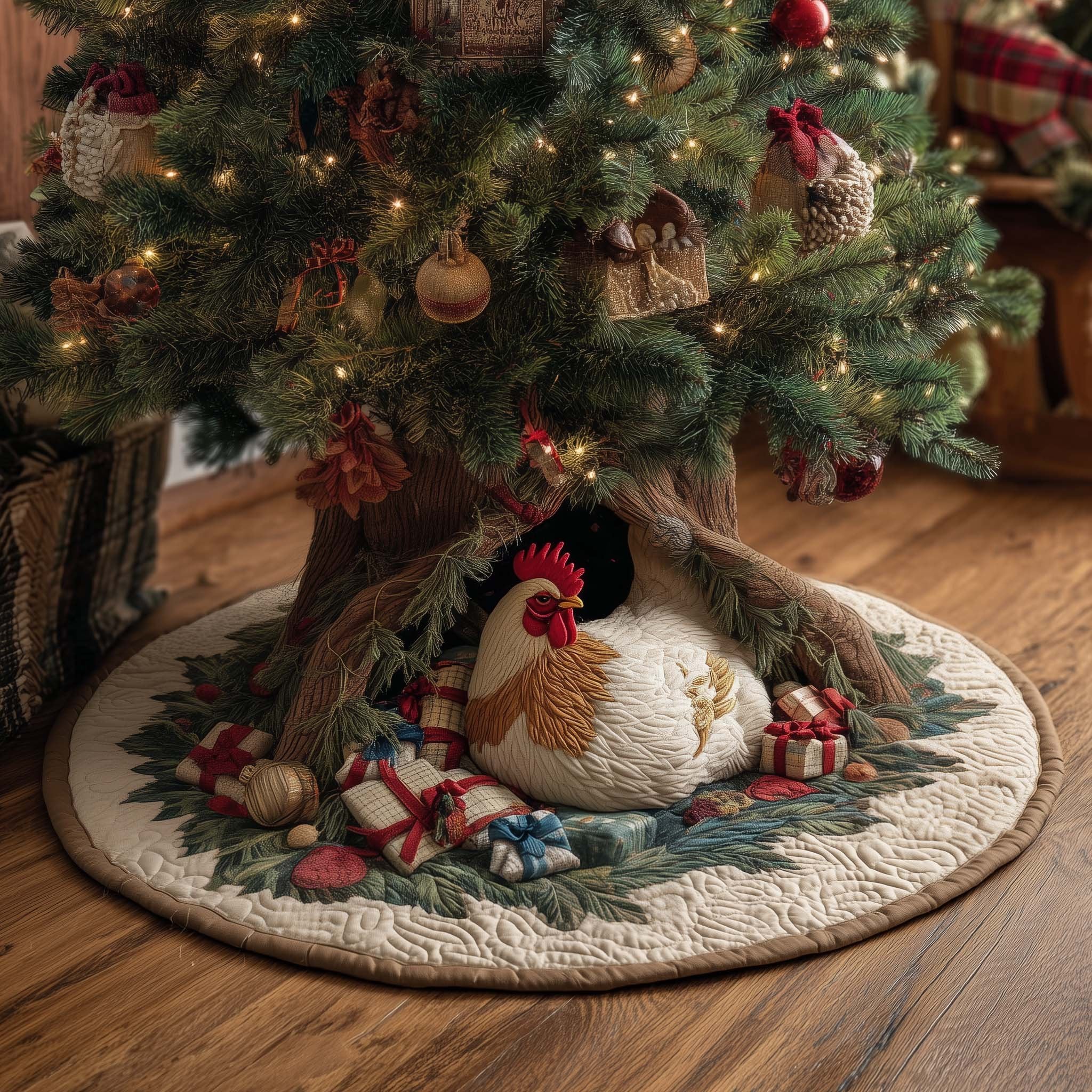 Rooster Among Wrapped Gifts Christmas Tree Skirt