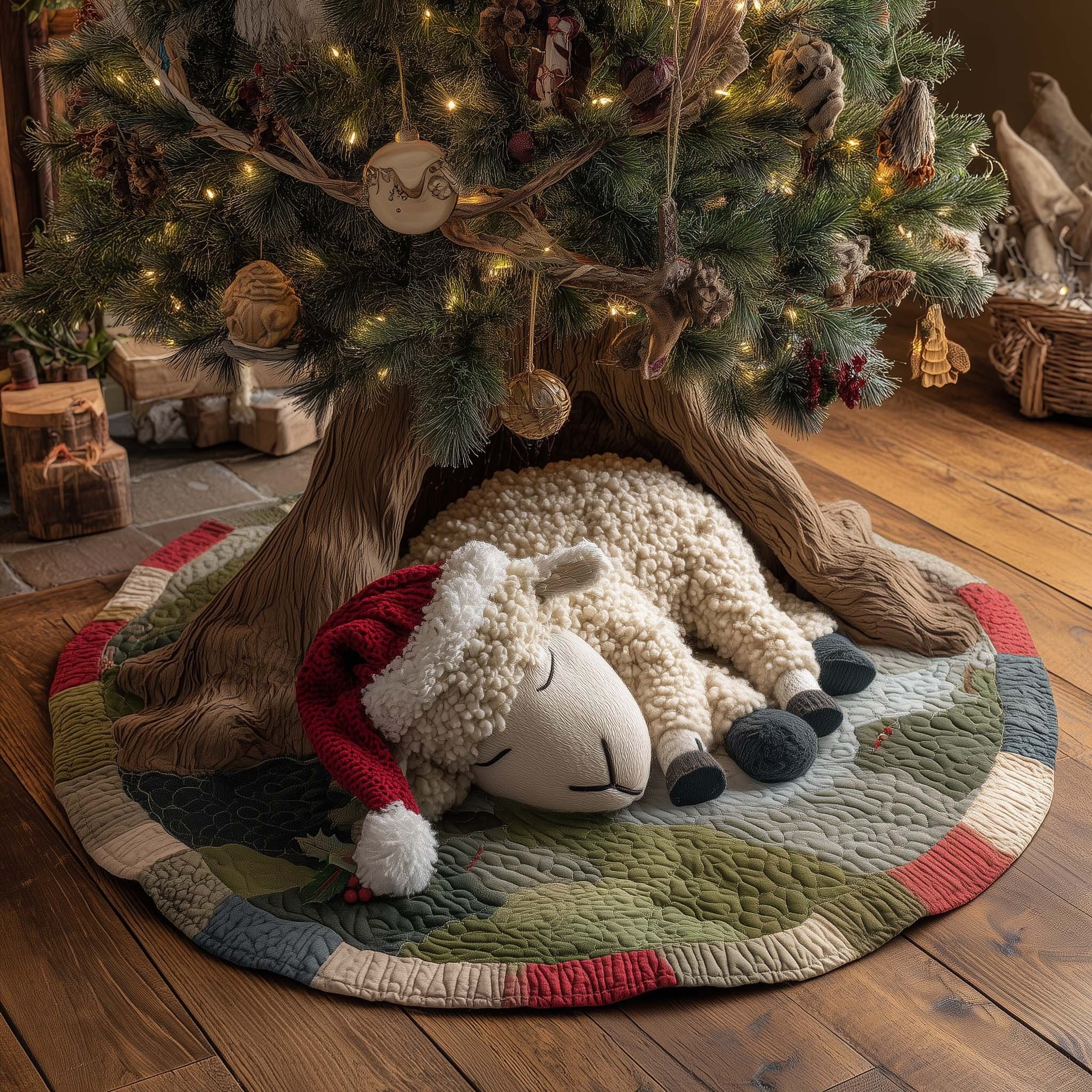 Sheep in a Santa Hat Christmas Tree Skirt