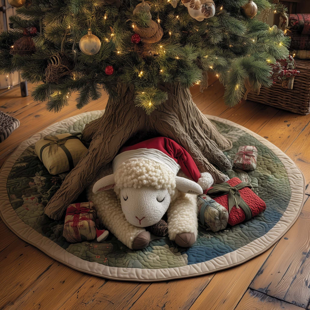 Lamb in Santa Hat with Gifts Christmas Tree Skirt