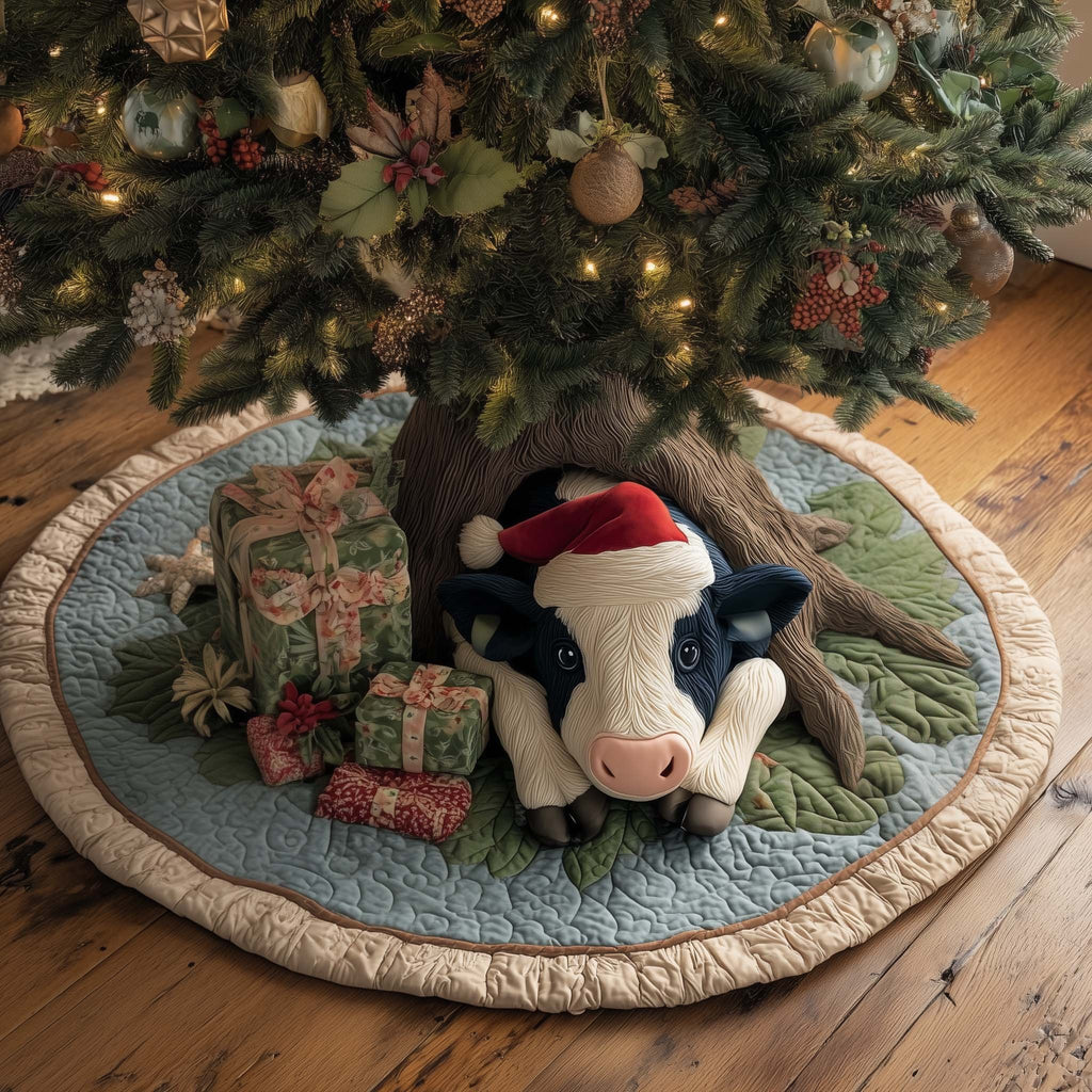 Cow in a Santa Hat with Gifts Christmas Tree Skirt