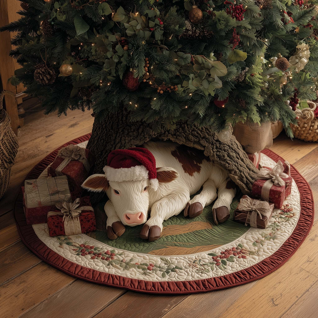White Cow in a Santa Hat Christmas Tree Skirt