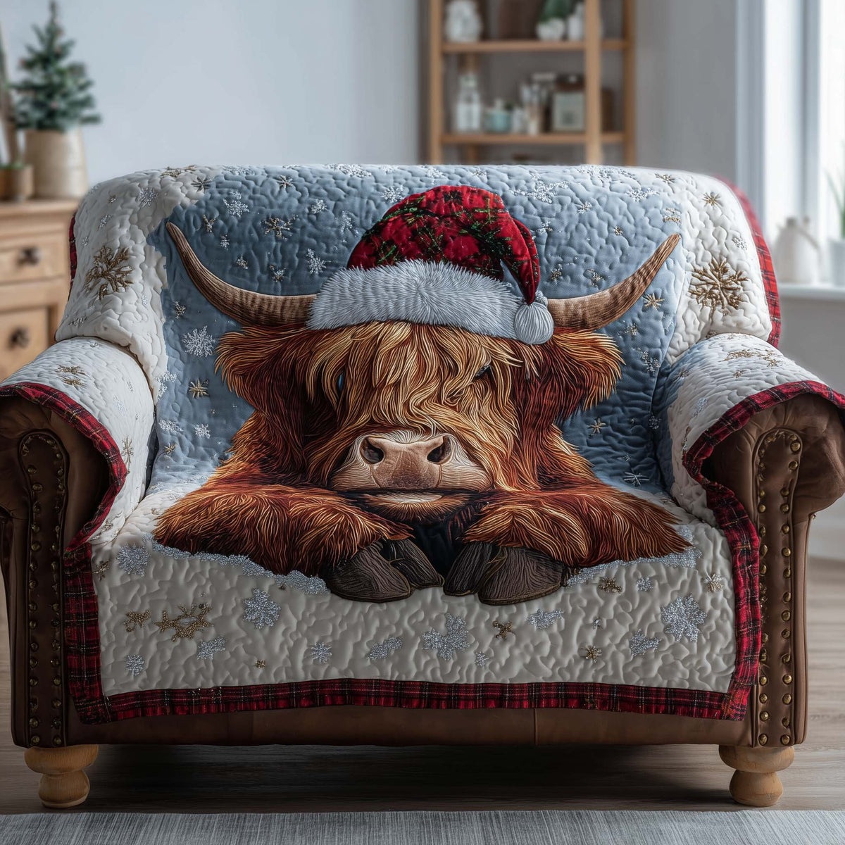 Highland Cow in Santa Hat on White Sofa Cover