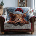 Highland Cow in Santa Hat on White Sofa Cover