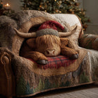 Highland Cow Napping on Plaid Sofa Cover