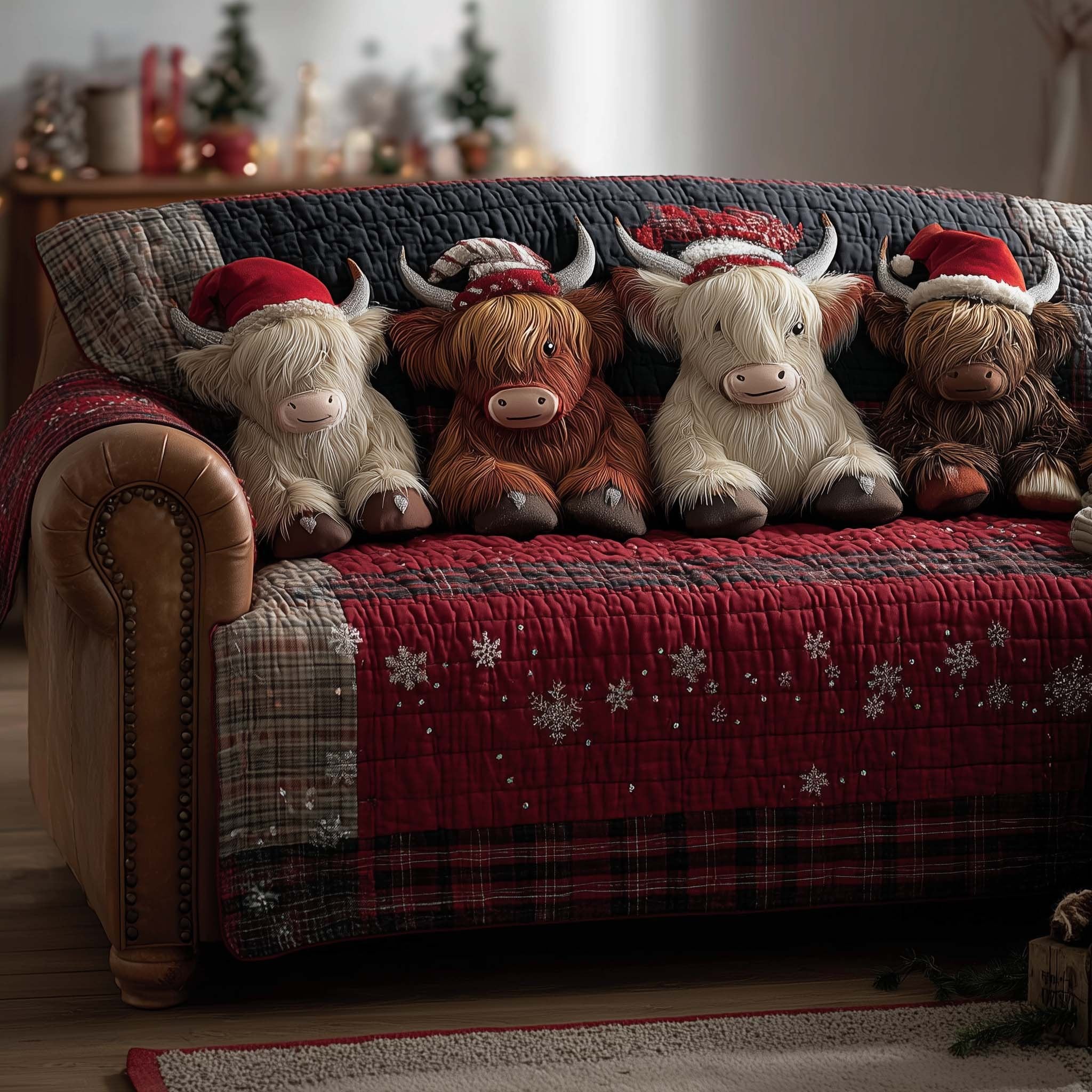 Three Highland Cows on Red Snowflakes Sofa Cover