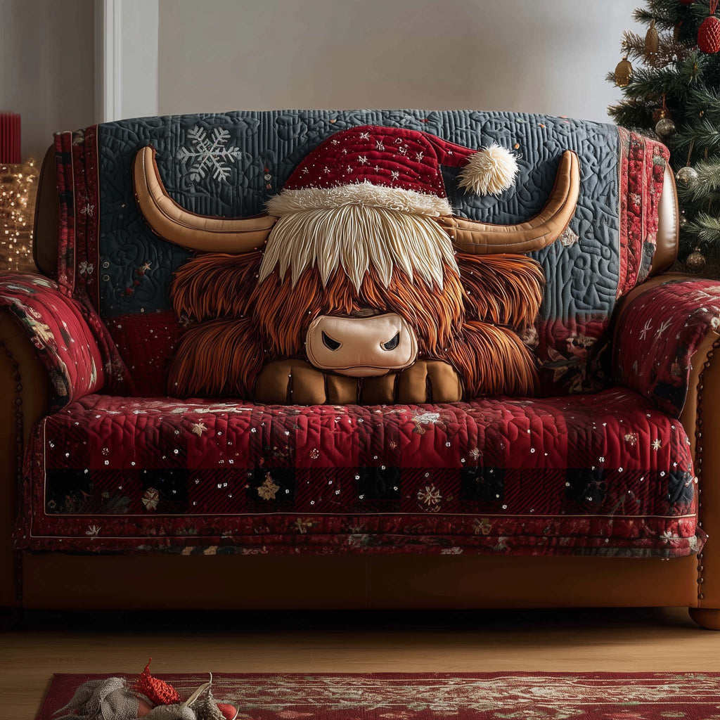 Highland Cow on Red Snowflake Quilt Sofa Cover