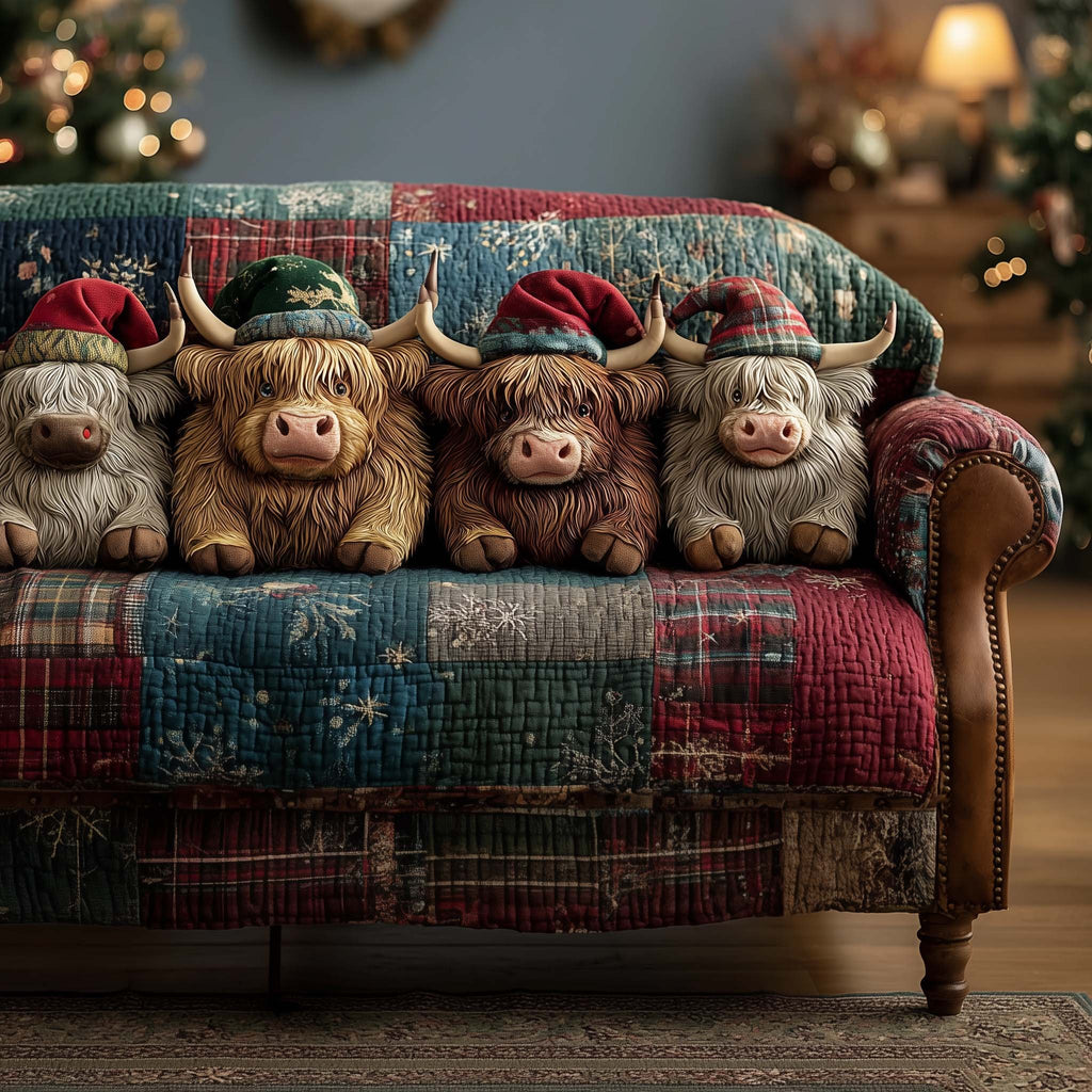 Highland Cows on Green Patchwork Sofa Cover