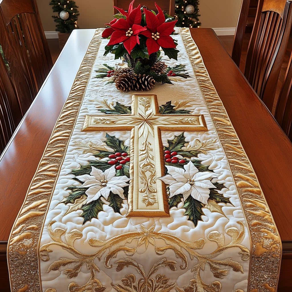 Cross with Poinsettias on Cream Table Runner