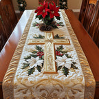 Cross with Poinsettias on Cream Table Runner