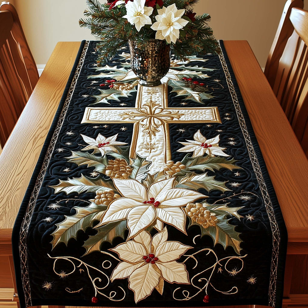 Cross with White Poinsettias on Black Table Runner