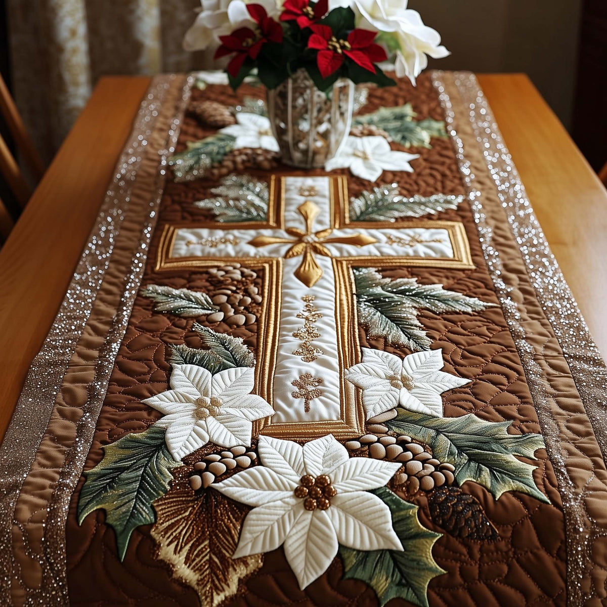 Cross with Pinecones and White Poinsettias Table Runner