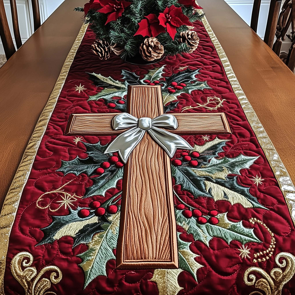 Cross with Silver Bow and Holly Table Runner
