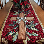 Cross with Silver Bow and Holly Table Runner