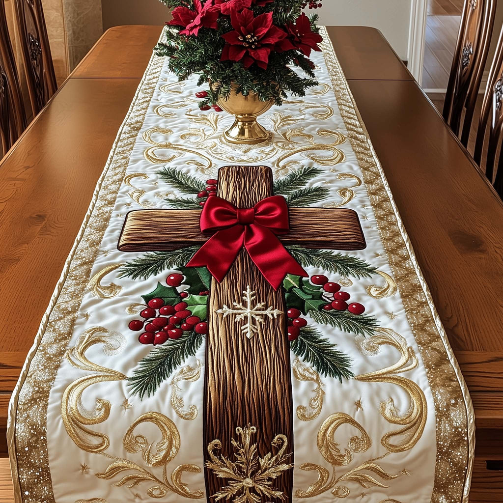 Cross with Red Bow and Berries Table Runner