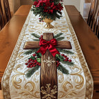 Cross with Red Bow and Berries Table Runner