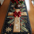 Cross with Red Bow on Navy Table Runner