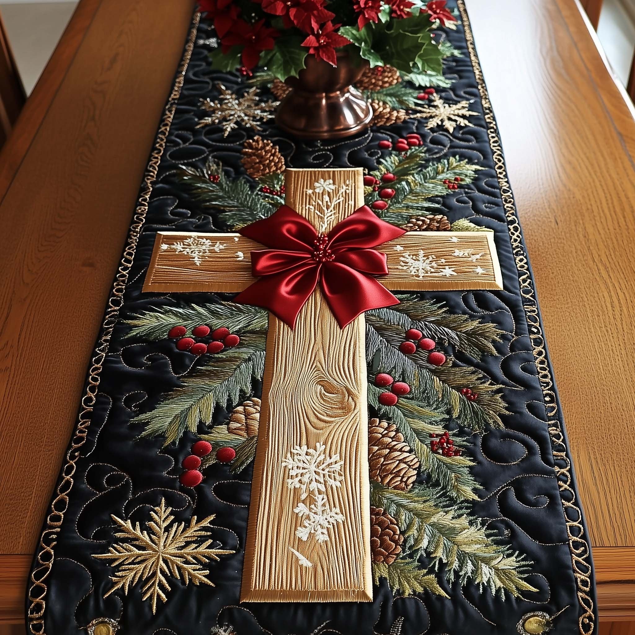Cross with Red Bow on Navy Table Runner