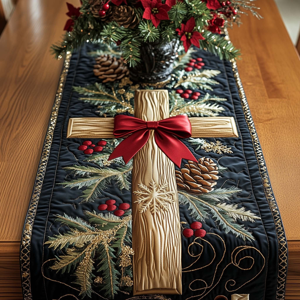 Cross with Red Ribbon and Pine Table Runner