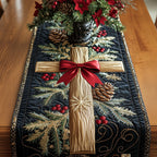 Cross with Red Ribbon and Pine Table Runner