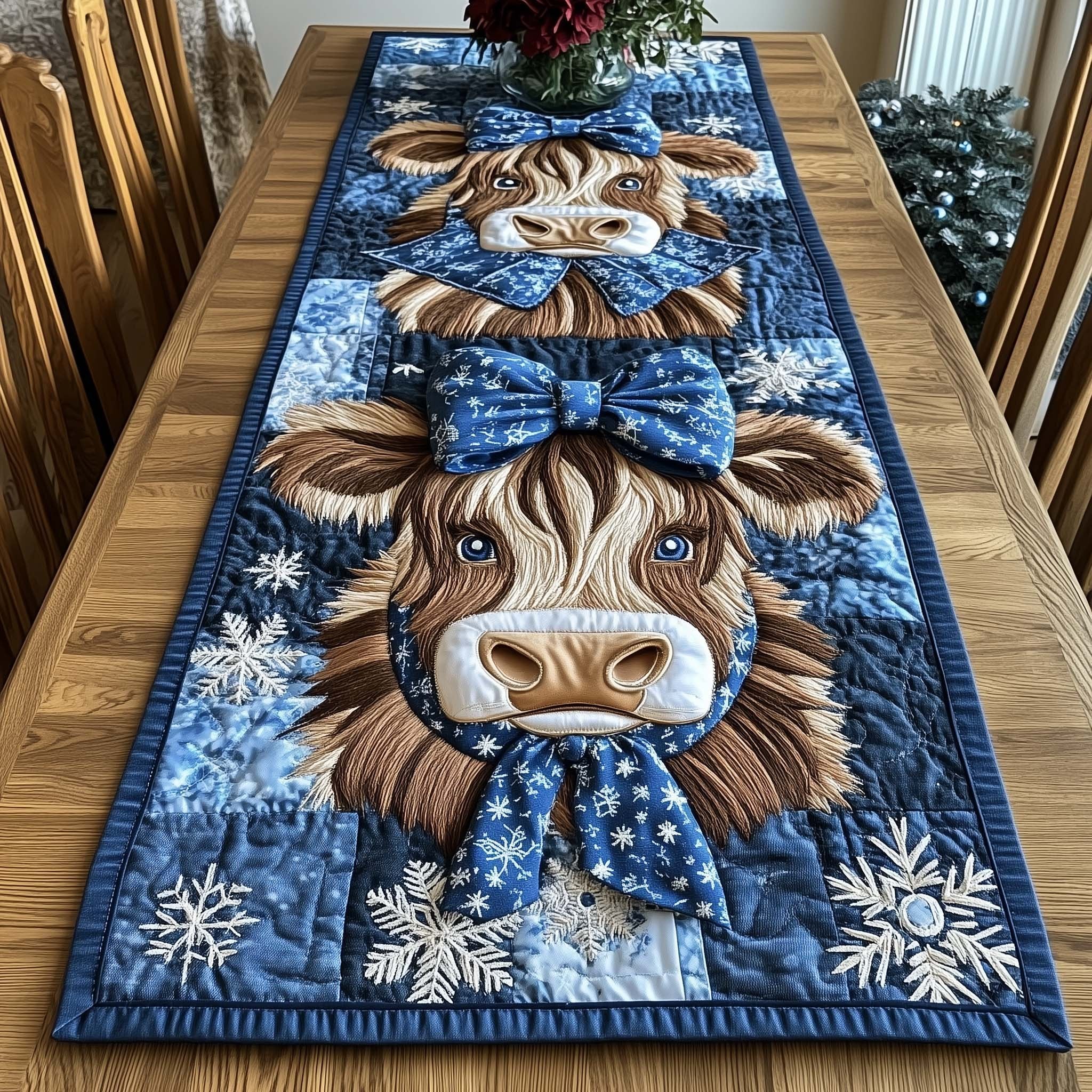 Highland Cow with Blue Bow Table Runner