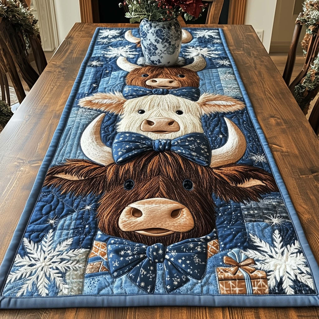 Highland Cows on Blue Patchwork Table Runner