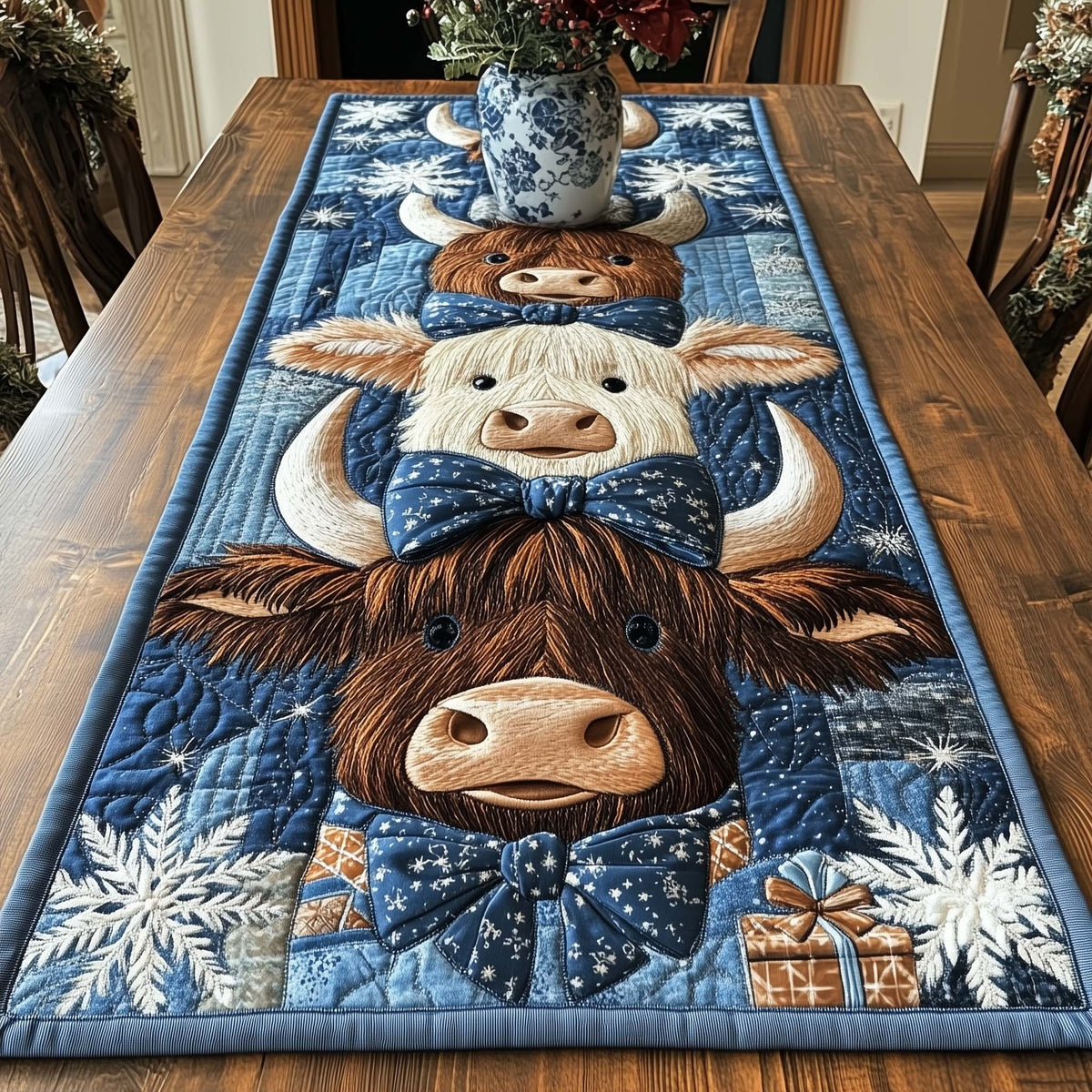 Highland Cows on Blue Patchwork Table Runner