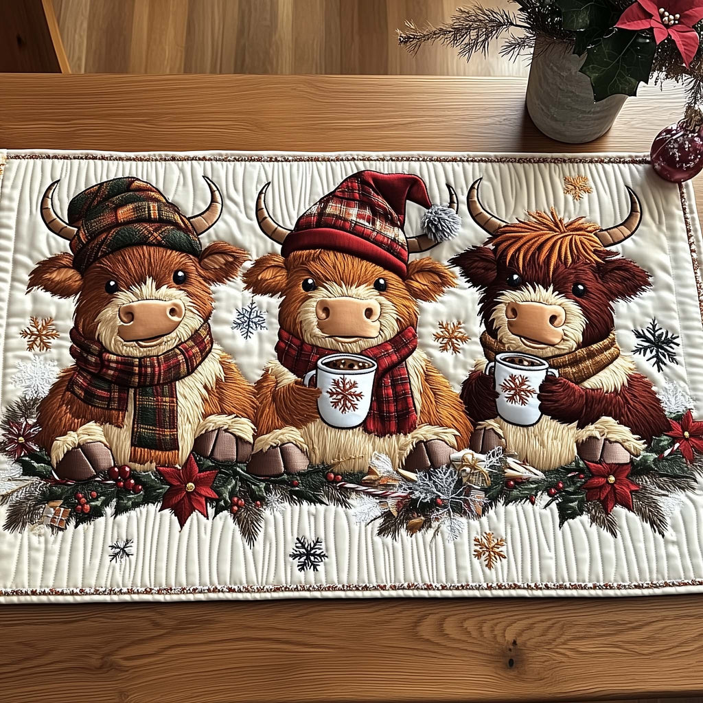 Highland Cows with Cocoa Mugs Table Runner