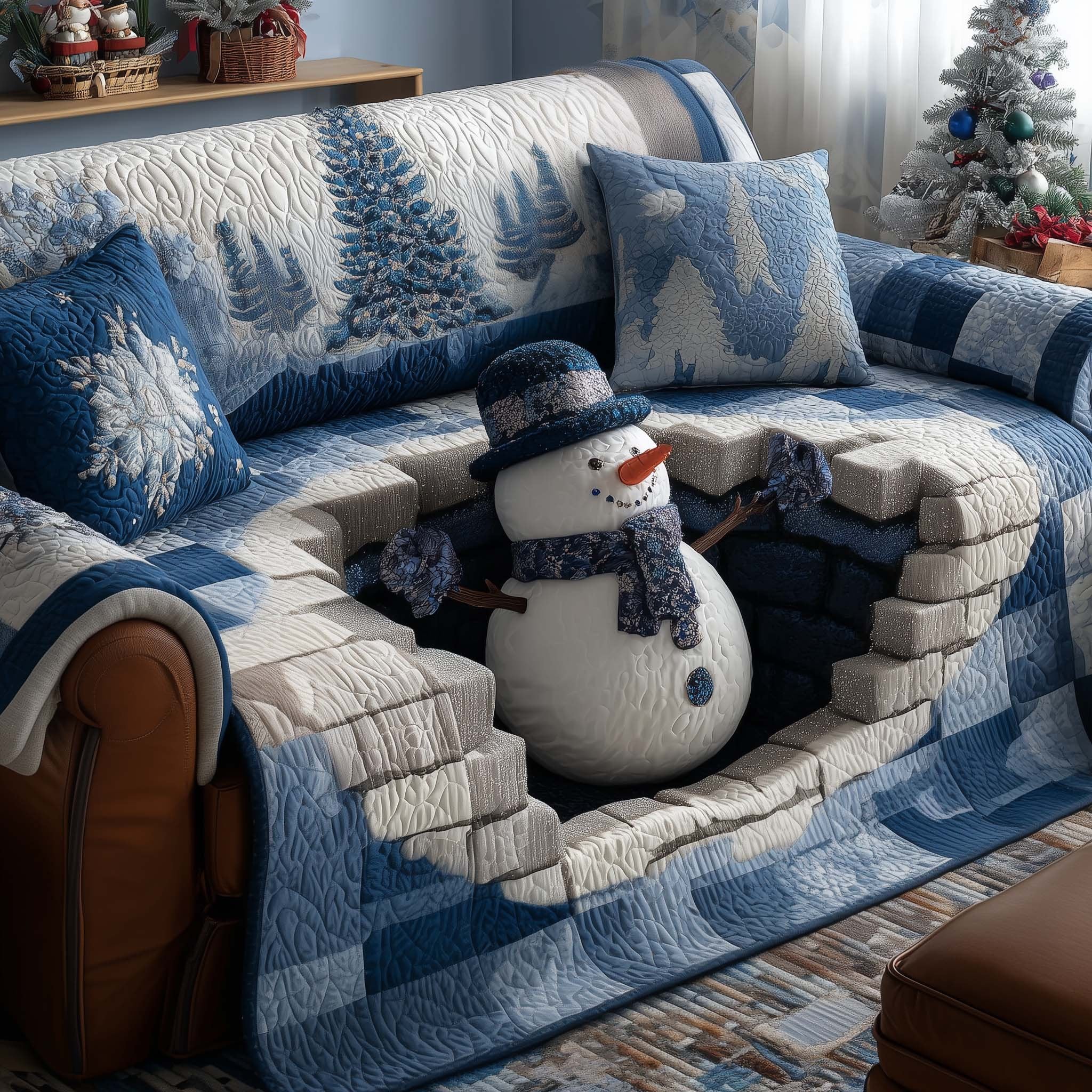 Snowman in Blue Patchwork Snow Sofa Cover