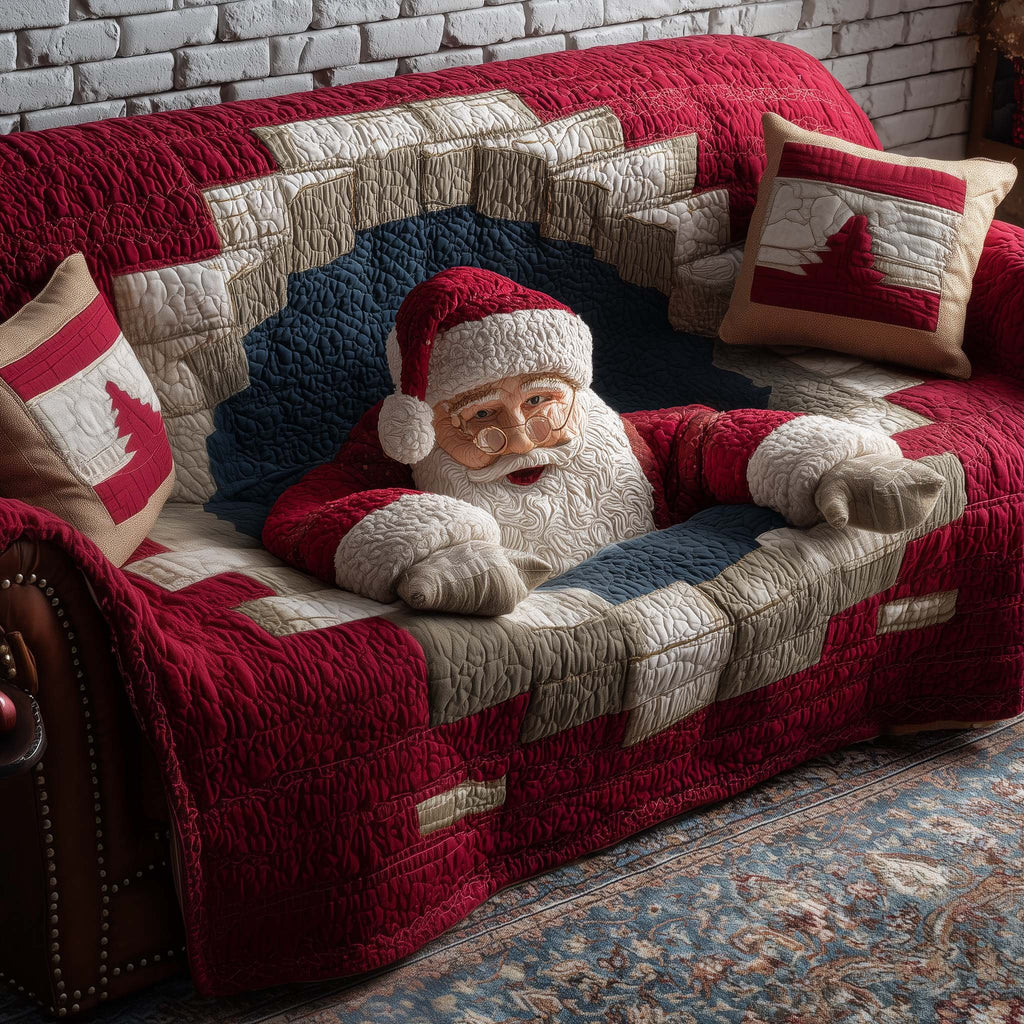 Santa Napping on Red Patchwork Sofa Cover