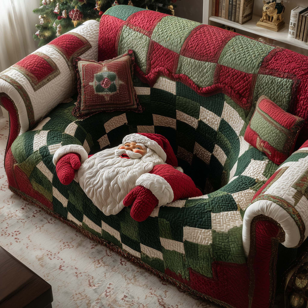 Santa Resting on Green Checkerboard Sofa Cover