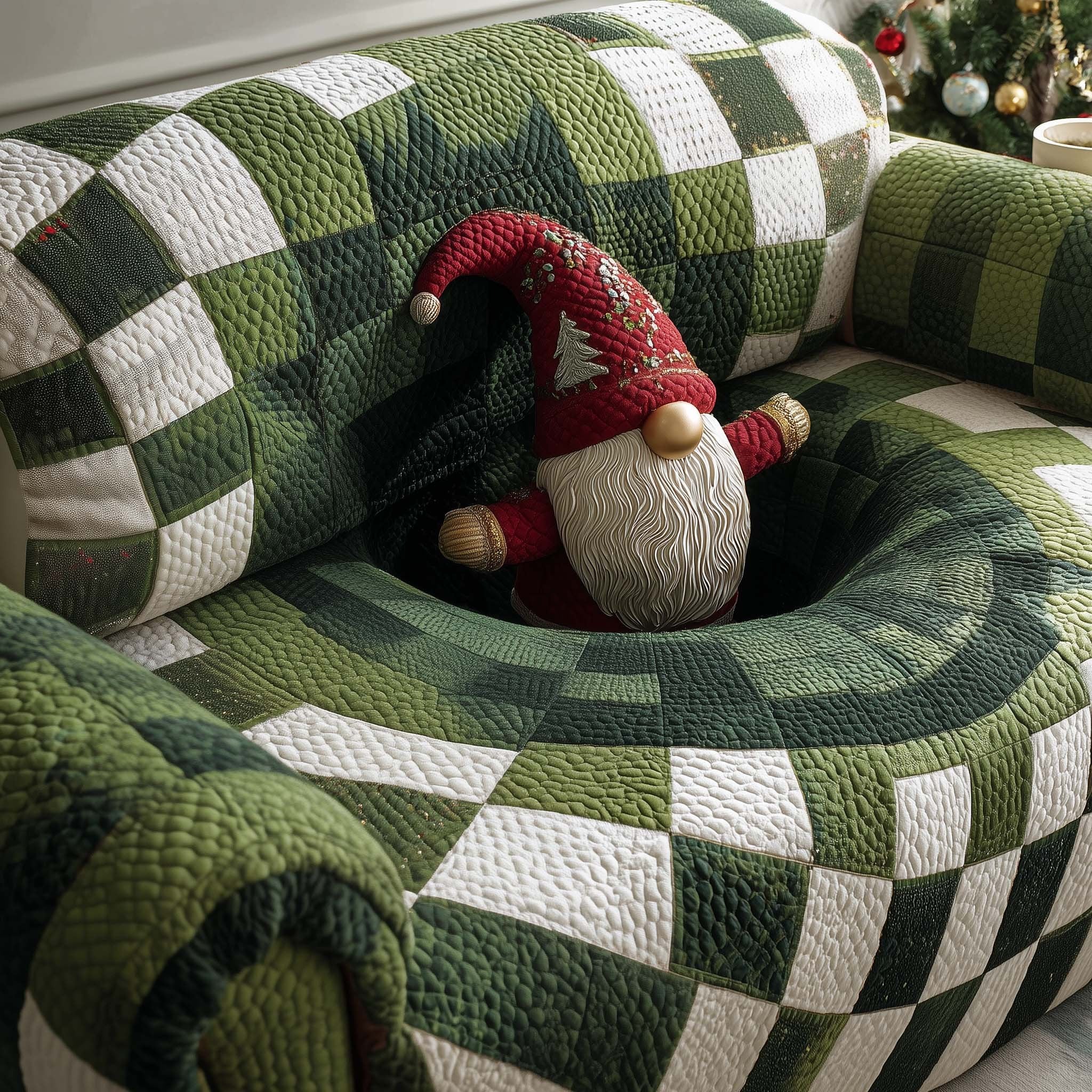 Gnome in Green Hat on Checkerboard Sofa Cover
