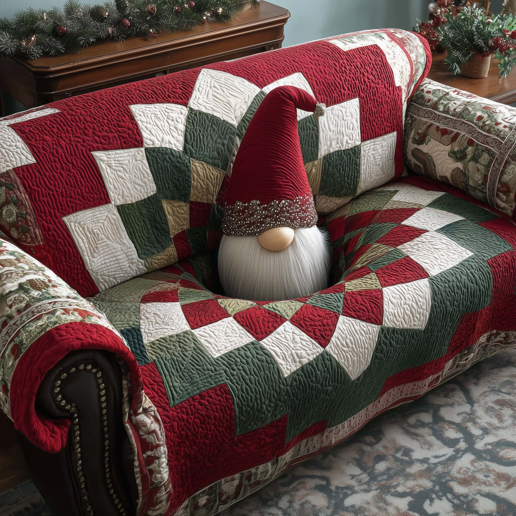 Gnome in Red Hat on Green Quilt Sofa Cover