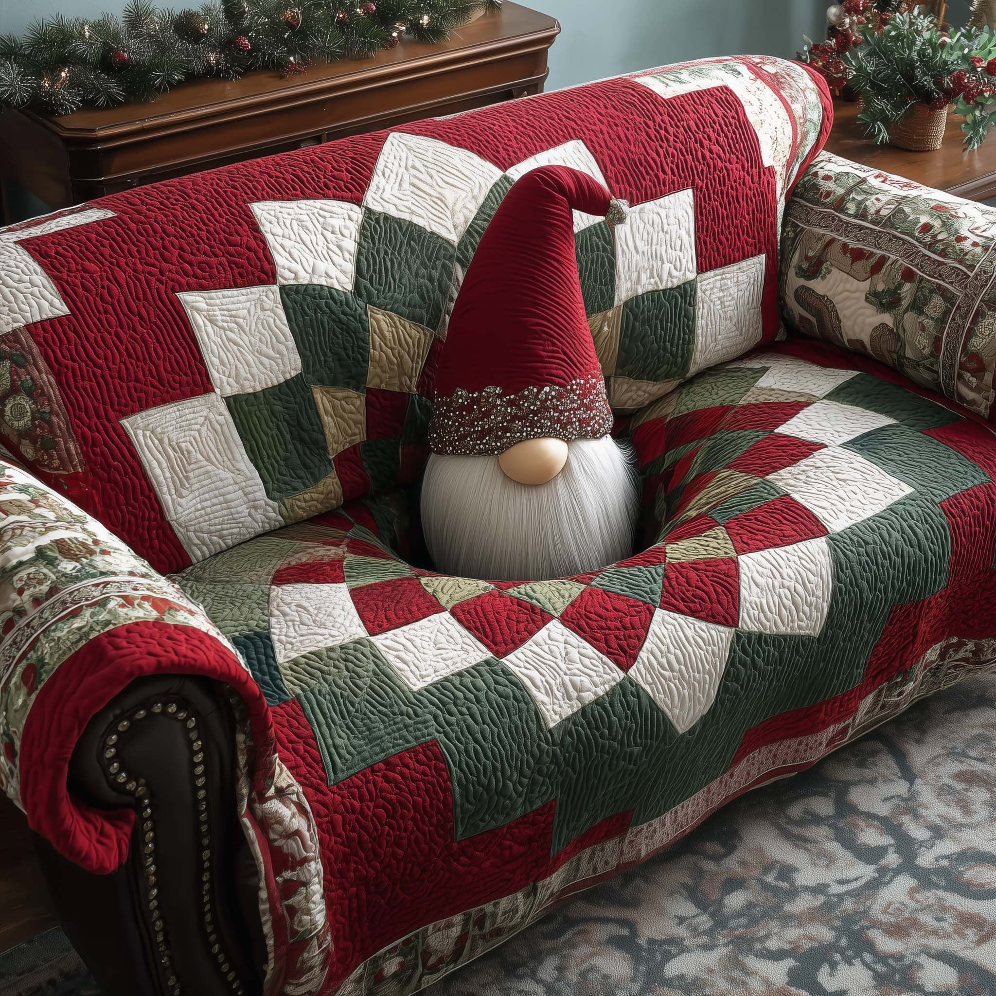 Gnome in Red Hat on Green Quilt Sofa Cover